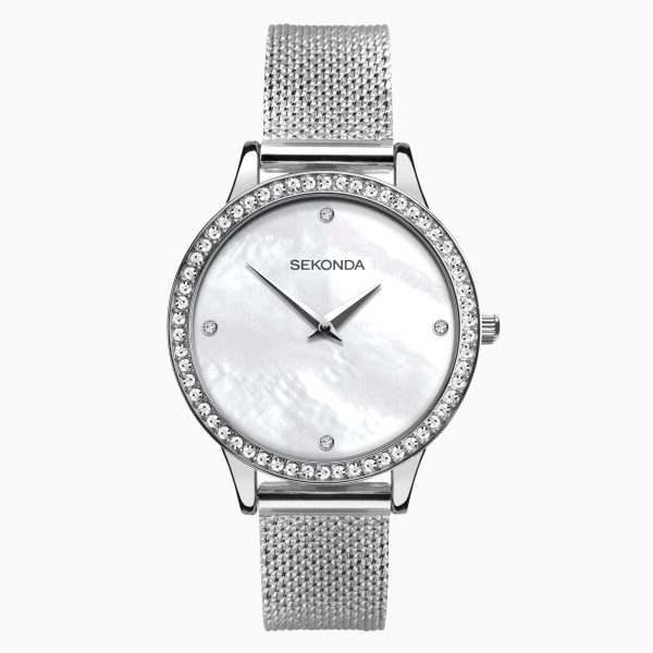 Ladies Watch  –  Silver Case & Stainless Steel Mesh Bracelet with White Dial