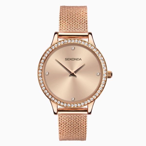 Ladies Watch  –  Rose Gold Case & Stainless Steel Mesh Bracelet with Rose Dial