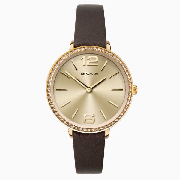 Ladies Watch  –  Gold Case & Leather Upper Strap with Champagne Dial