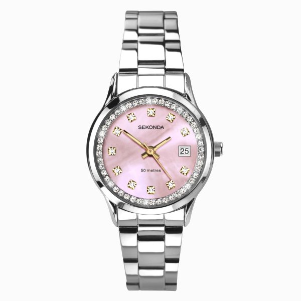 Catherine Ladies Watch  –  Silver Case & Stainless Steel Bracelet with Pink Dial
