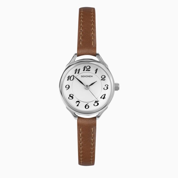 Easy Reader Ladies Watch  –  Silver Case & Brown Leather Strap with White Dial