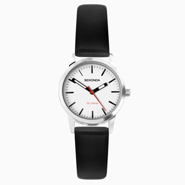 Nordic Ladies Watch  –  Silver Case & Black Leather Strap with White Dial