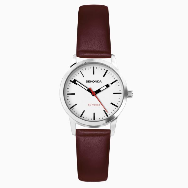 Nordic Ladies Watch  –  Silver Case & Red Leather Strap with White Dial