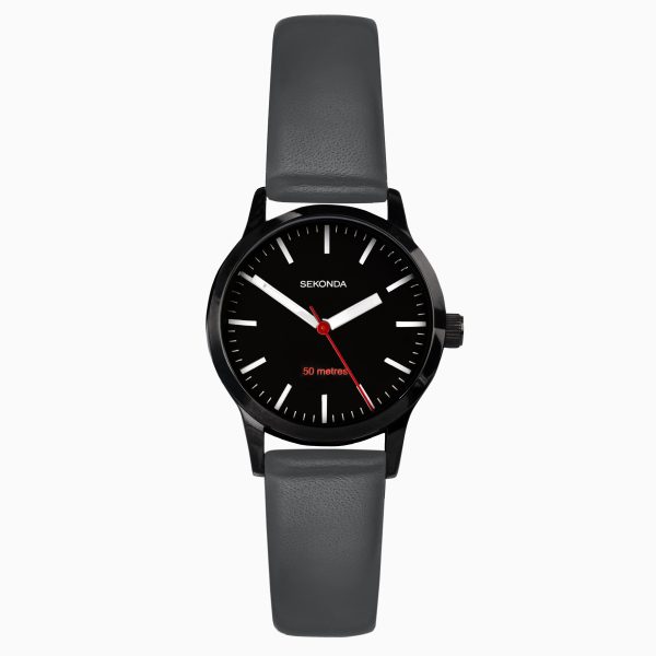 Nordic Ladies Watch  –  Black Case & Grey Leather Strap with Black Dial