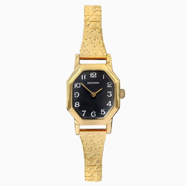 Mila Ladies Watch  –  Gold Case & Stainless Steel Bracelet with Black Dial