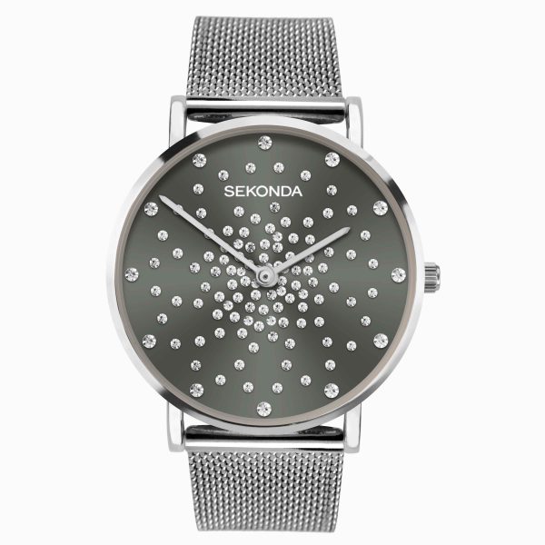 Celeste Ladies Watch  –  Silver Case & Stainless Steel Mesh Bracelet with Grey Dial