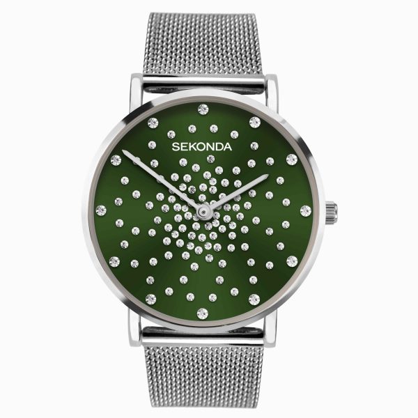 Celeste Ladies Watch  –  Silver Case & Stainless Steel Mesh Bracelet with Green Dial