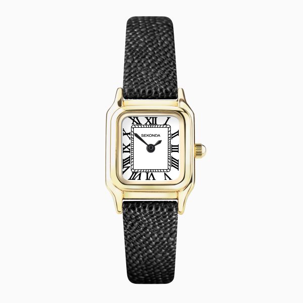 Monica Ladies Watch  –  Gold Alloy Case & Black Leather Strap with White Dial