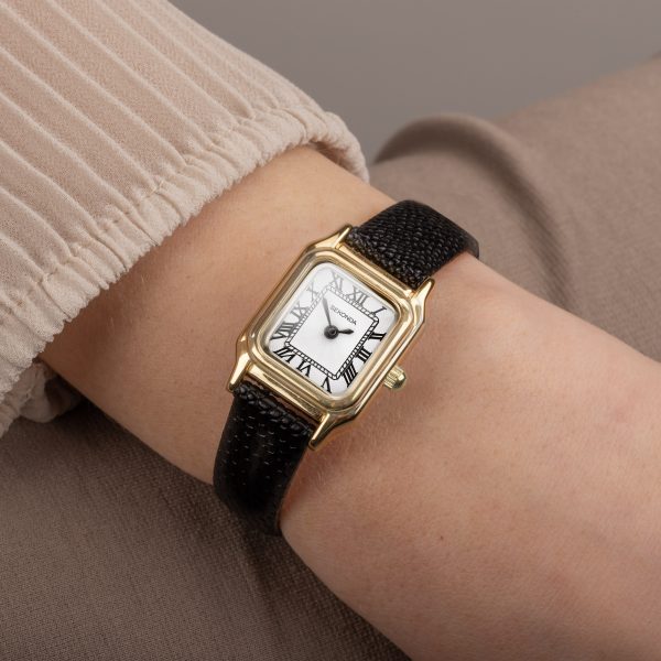 Monica Ladies Watch  –  Gold Alloy Case & Black Leather Strap with White Dial 3