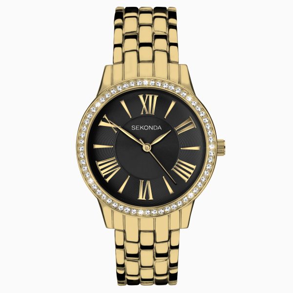 Charlotte Ladies Watch  –  Gold Alloy Case & Bracelet with Black Dial