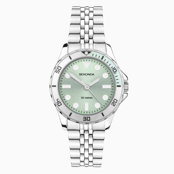 Balearic Ladies Watch  –  Silver Alloy Case & Stainless Steel Bracelet with Green Dial