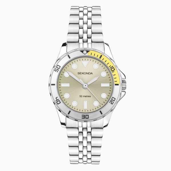 Balearic Ladies Watch  –  Silver Alloy Case & Stainless Steel Bracelet with Yellow Dial