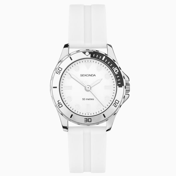 Balearic Ladies Watch  –  Silver Alloy Case & White Rubber Strap with Silver-White Dial