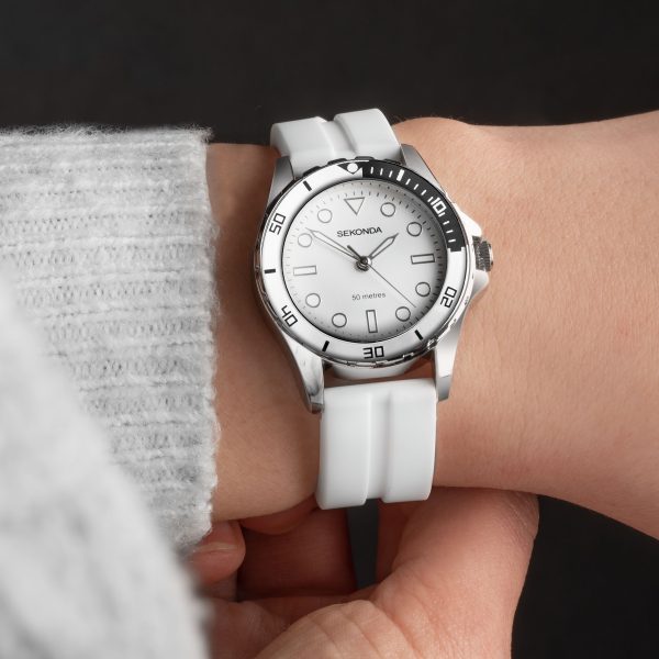Balearic Ladies Watch  –  Silver Alloy Case & White Rubber Strap with Silver-White Dial 3