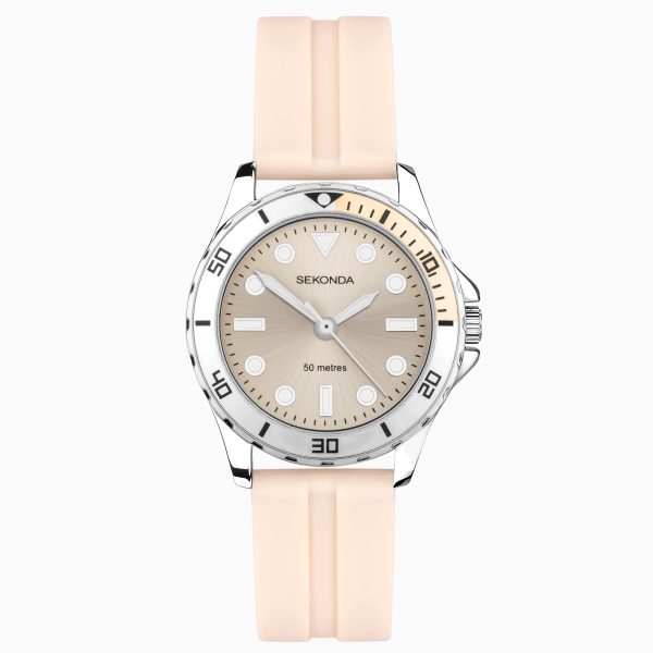 Balearic Ladies Watch  –  Silver Alloy Case & Peach Rubber Strap with Peach Dial