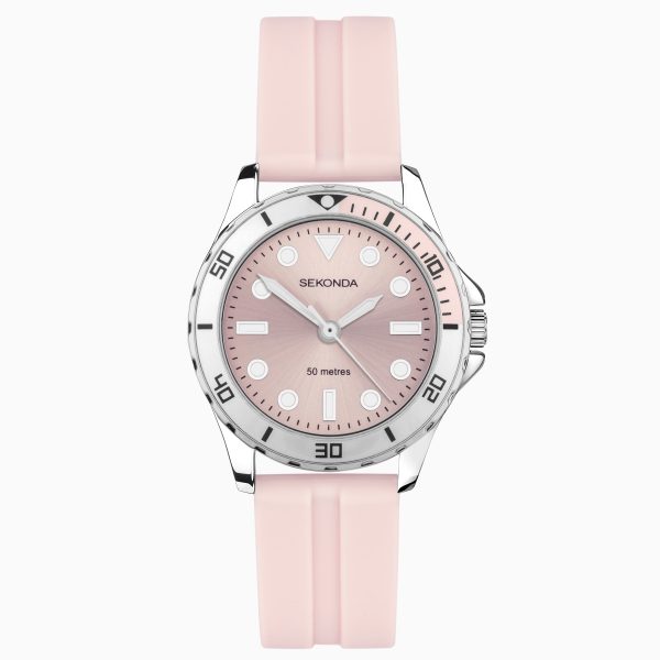 Balearic Ladies Watch  –  Silver Alloy Case & Pink Rubber Strap with Pink Dial
