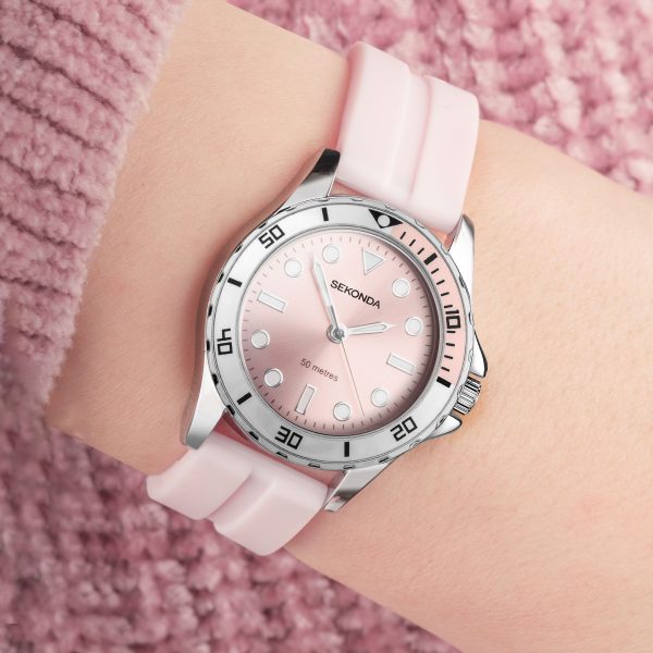 Balearic Ladies Watch  –  Silver Alloy Case & Pink Rubber Strap with Pink Dial 3