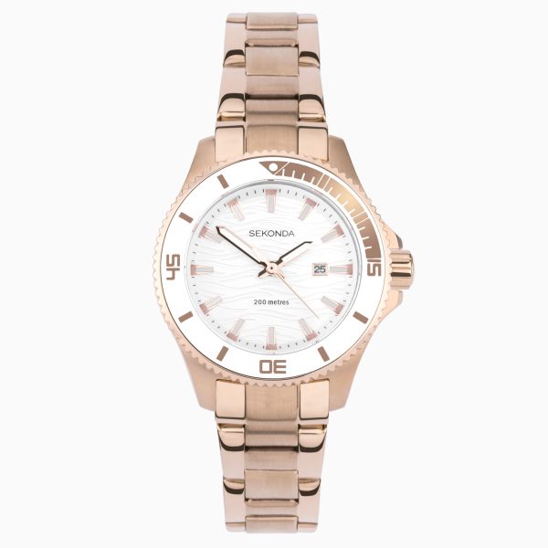 Pacific Wave Ladies Watch  –  Rose Gold Stainless Steel Case & Bracelet with Silver-White Dial