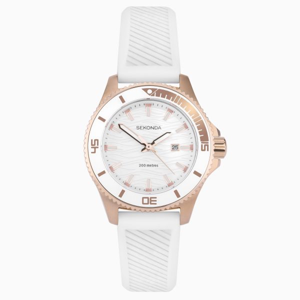 Pacific Wave Ladies Watch  –  Rose Gold Stainless Steel Case & White Silicone Strap with Silver-White Dial