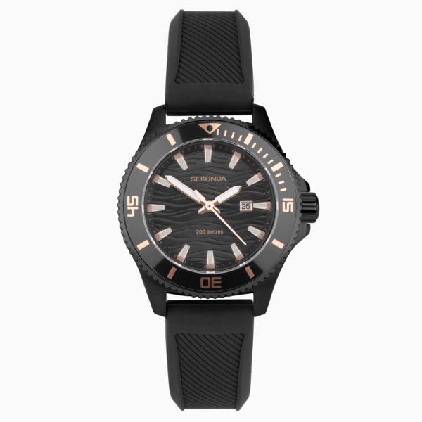 Pacific Wave Ladies Watch  –  Black Stainless Steel Case & Silicone Strap with Black Dial