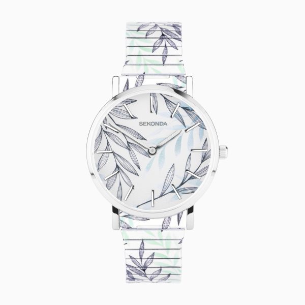 Maxima Ladies Watch  –  Silver Alloy Case & Stainless Steel Expander Bracelet with Leaf Dial