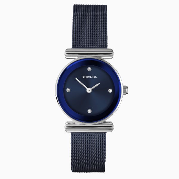 Ava Ladies Watch  –  Silver Alloy Case & Blue Stainless Steel Mesh Bracelet with Blue Dial