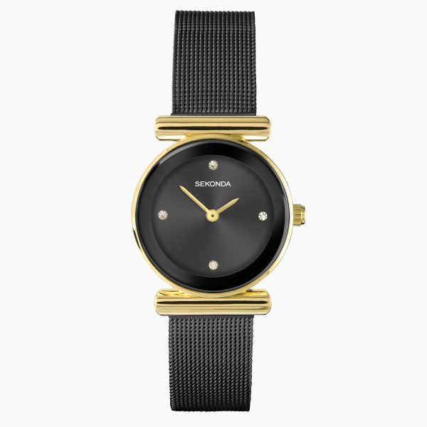Ava Ladies Watch  –  Gold Alloy Case & Black Stainless Steel Mesh Bracelet with Black Dial