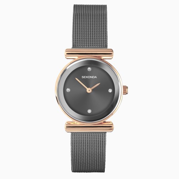 Ava Ladies Watch  –  Rose Gold Alloy Case & Grey Stainless Steel Mesh Bracelet with Grey Dial