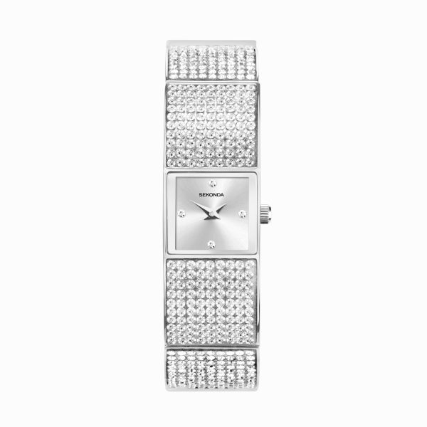 Crystal Ladies Watch  –  Silver Alloy Case & Bracelet with Silver Dial