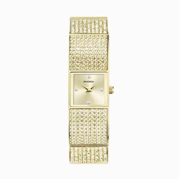 Crystal Ladies Watch  –  Gold Alloy Case & Bracelet with Champagne Dial