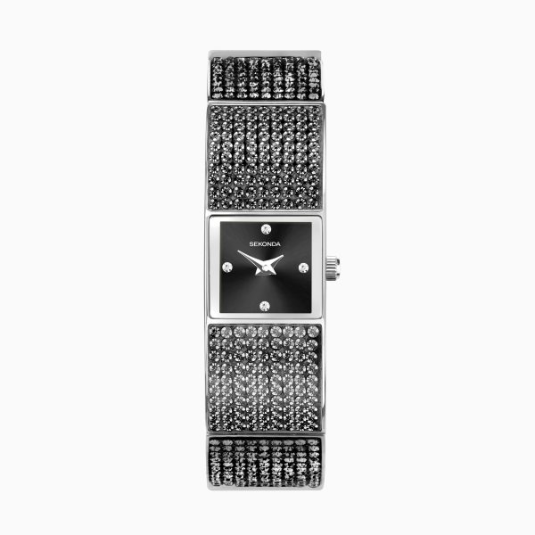 Crystal Ladies Watch  –  Silver Alloy Case & Black Bracelet with Black Dial
