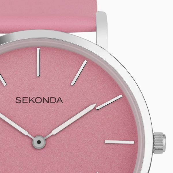 Minimal Ladies Watch  –  Silver Alloy Case & Pink Leather Strap with Pink Dial 4
