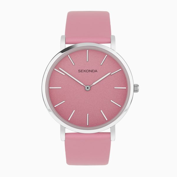 Minimal Ladies Watch  –  Silver Alloy Case & Pink Leather Strap with Pink Dial