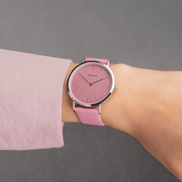 Minimal Ladies Watch  –  Silver Alloy Case & Pink Leather Strap with Pink Dial 3