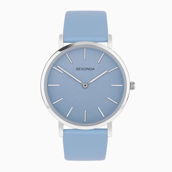 Minimal Ladies Watch  –  Silver Alloy Case & Blue Leather Strap with Blue Dial