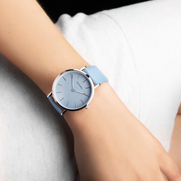 Minimal Ladies Watch  –  Silver Alloy Case & Blue Leather Strap with Blue Dial 3