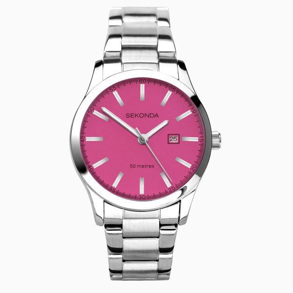 Taylor Ladies Neon Watch  –  Silver Alloy Case & Stainless Steel Bracelet with Neon Pink Dial