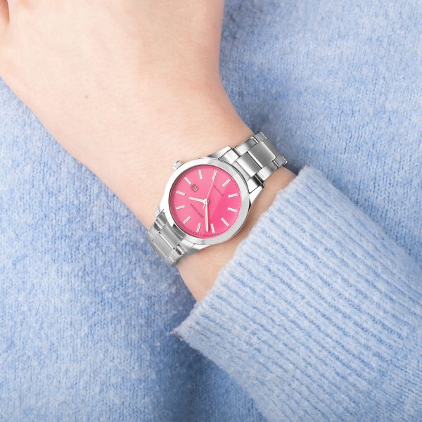 Taylor Ladies Neon Watch  –  Silver Alloy Case & Stainless Steel Bracelet with Neon Pink Dial 3