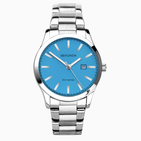 Taylor Ladies Neon Watch  –  Silver Alloy Case & Stainless Steel Bracelet with Neon Blue Dial