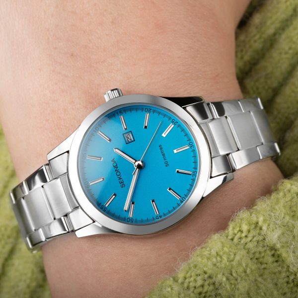Taylor Ladies Neon Watch  –  Silver Alloy Case & Stainless Steel Bracelet with Neon Blue Dial 3