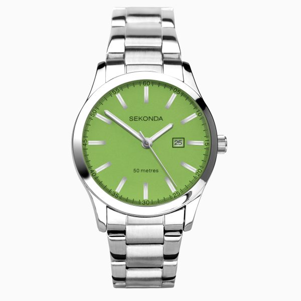 Taylor Ladies Neon Watch  –  Silver Alloy Case & Stainless Steel Bracelet with Neon Green Dial
