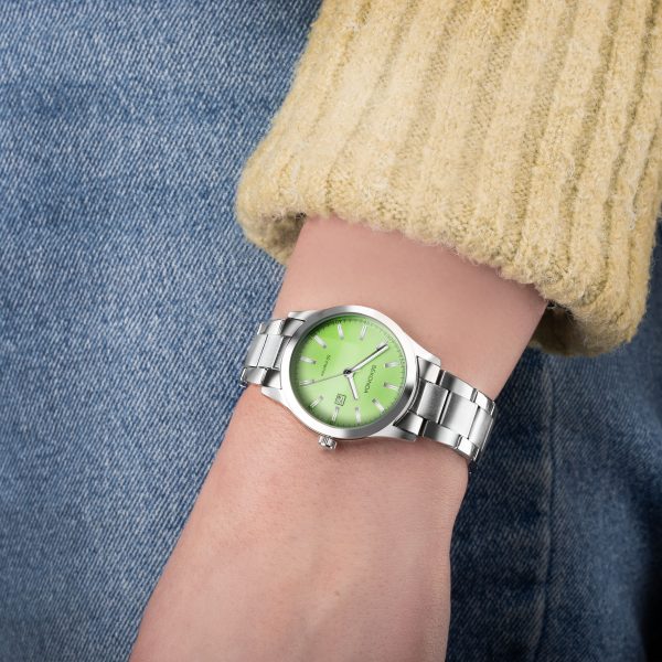 Taylor Ladies Neon Watch  –  Silver Alloy Case & Stainless Steel Bracelet with Neon Green Dial 3