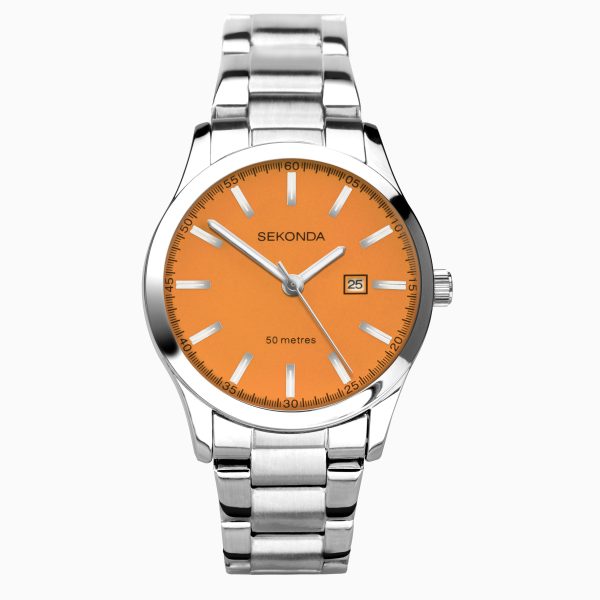 Taylor Ladies Neon Watch  –  Silver Alloy Case & Stainless Steel Bracelet with Neon Orange Dial