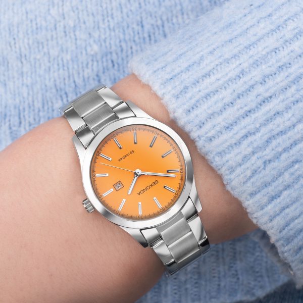 Taylor Ladies Neon Watch  –  Silver Alloy Case & Stainless Steel Bracelet with Neon Orange Dial 3