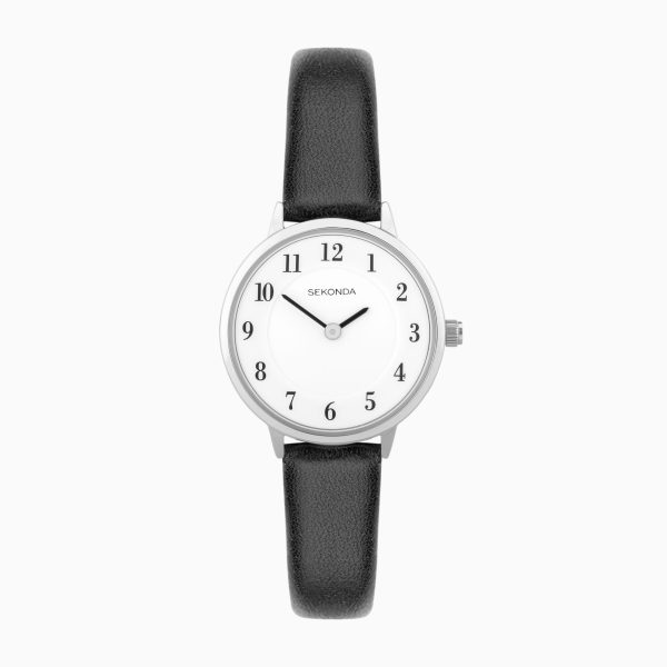 Easy Reader Ladies Watch  –  Silver Brass Case & Black Leather Strap with White Dial