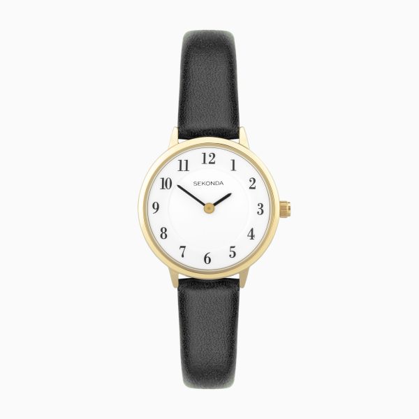 Easy Reader Ladies Watch  –  Gold Brass Case & Black Leather Strap with White Dial