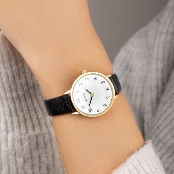 Easy Reader Ladies Watch  –  Gold Brass Case & Black Leather Strap with White Dial 3