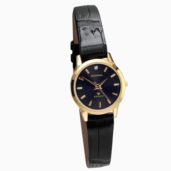 Ladies Watch  –  Gold Case & Leather Strap with Black Dial 2