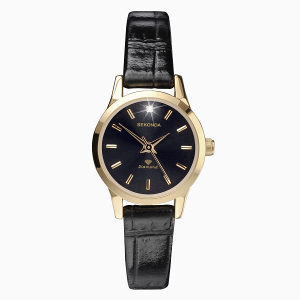 Ladies Watch  –  Gold Case & Leather Strap with Black Dial