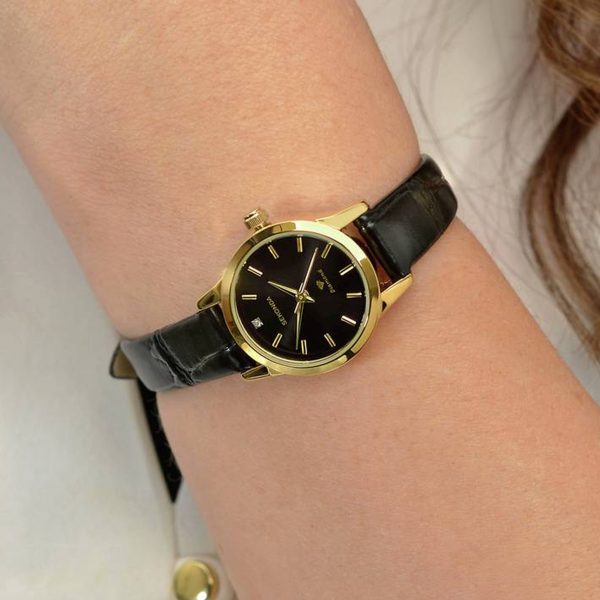 Ladies Watch  –  Gold Case & Leather Strap with Black Dial 3